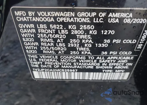 2021 Volkswagen Atlas 2.0T Se W/Technology z USA, uszkodzony, nr VIN 1V2JP2CA2MC525967